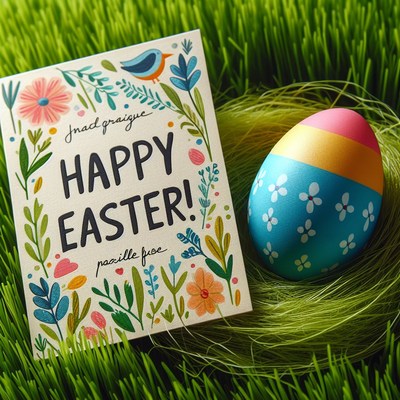 Easter egg and card in grass