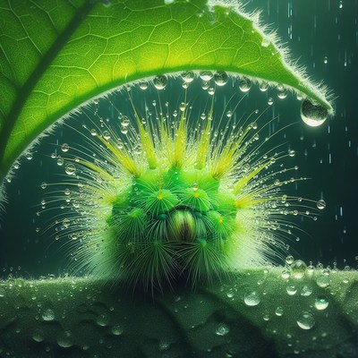 Green caterpillar in the rain