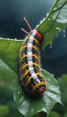 Colorful caterpillar on green leaf in the rain