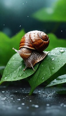 Snail on leaf in rain