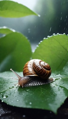 Snail on green leaf in rain