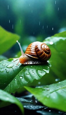 Snail on leaf in rain
