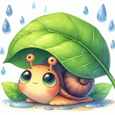 Snail sheltering under leaf in the rain