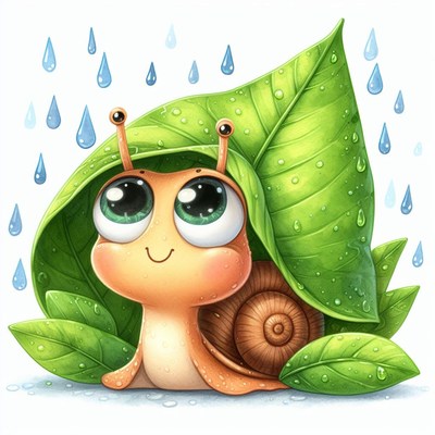 Snail sheltering under leaf in rain