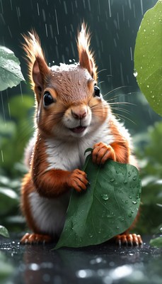 Squirrel sheltering under leaf in rain