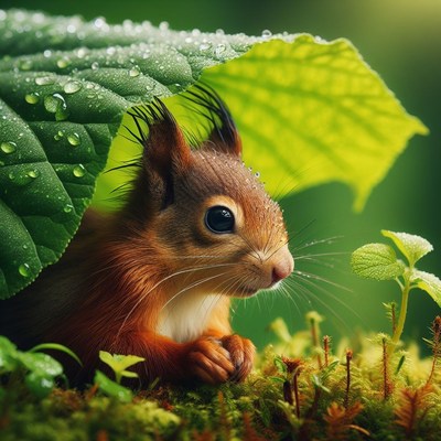 Squirrel sheltering under leaf
