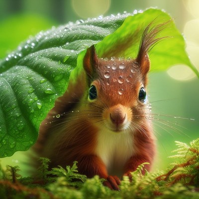 Squirrel sheltering under leaf in rain