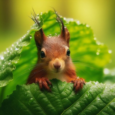 Squirrel under green leaf in rain