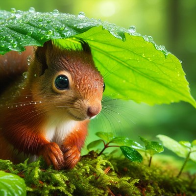 Squirrel sheltering under leaf in rain