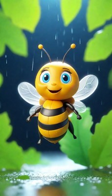 Cartoon bee flying in rain