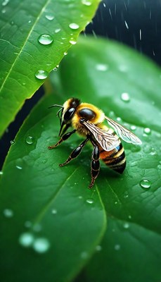Bee on a leaf during a rain shower
