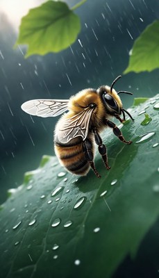 Bee on leaf in rain