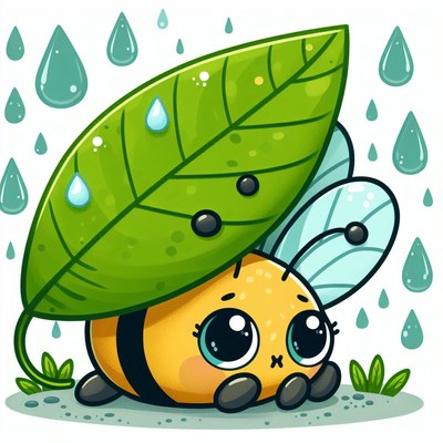 Bee sheltering under leaf in rain