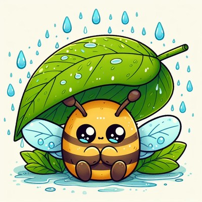 Bee sheltering under leaf in rain