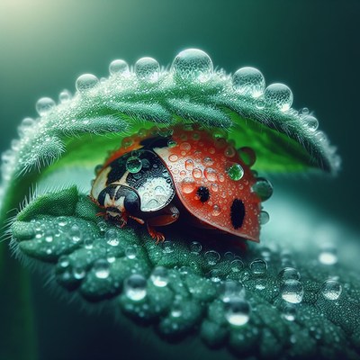Ladybug on dewy leaf