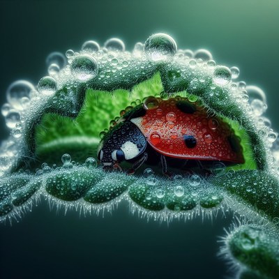 Ladybug under dew-covered leaf