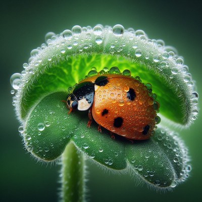 Ladybug on dew-covered leaf