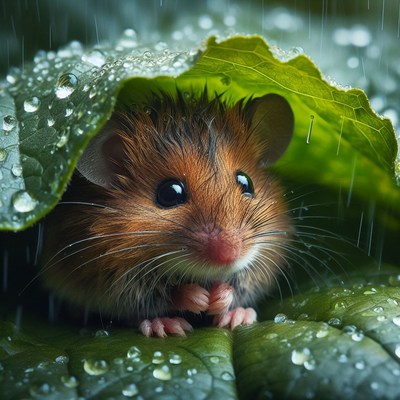 Mouse sheltering under leaf in rain