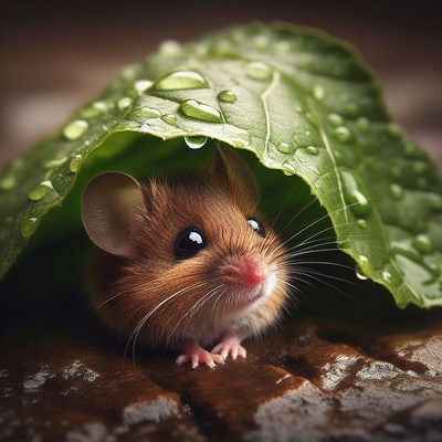 Mouse sheltering under wet leaf