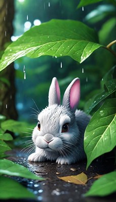 Rabbit sheltering under leaf in rain