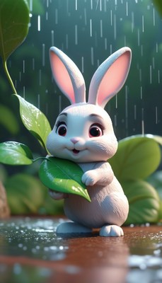 Bunny holding leaf in rain