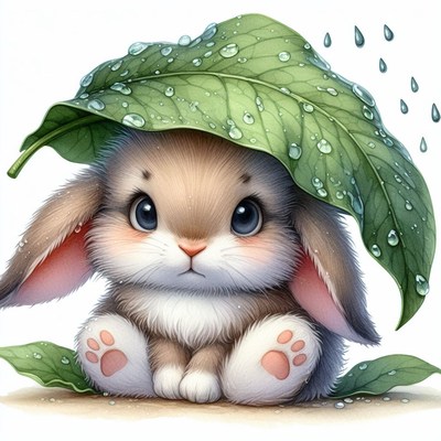 Cute bunny under leaf in rain