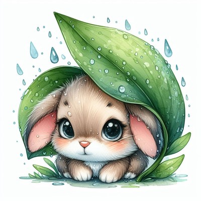 Bunny under leaf in the rain