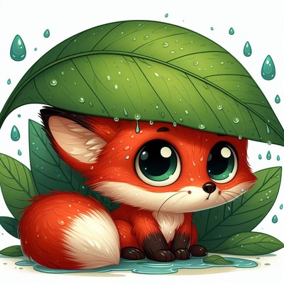 Fox under leaf in rain