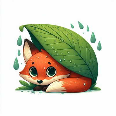 Fox hiding under leaf in rain