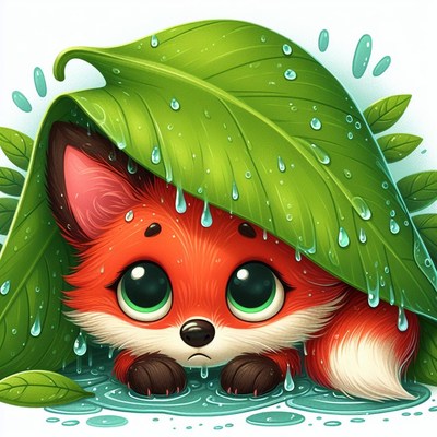 Fox under leaf in rain