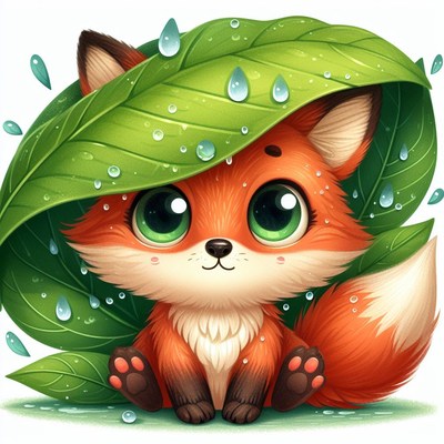 Cute fox under leaf in rain