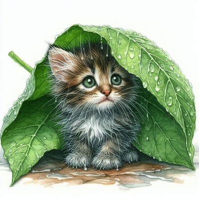 Kitten sheltering under leaf in rain