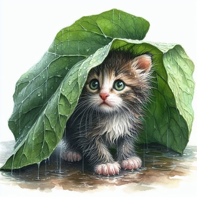 Kitten sheltering under leaf in rain
