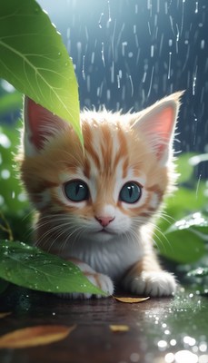 Kitten under leaves in the rain