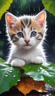 Kitten under leaves in the rain