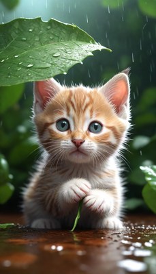 Kitten sheltering under leaf in rain
