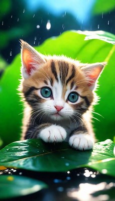 Kitten resting on leaf in rain