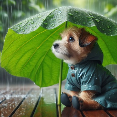Dog under umbrella in the rain