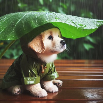 Puppy sheltering under leaf in the rain