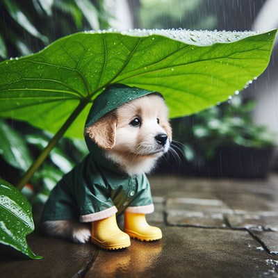 Puppy sheltering under leaf in rain