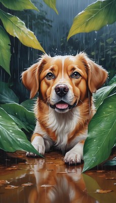 Dog under leaves in the rain