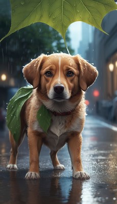 Dog under leaf umbrella in rain