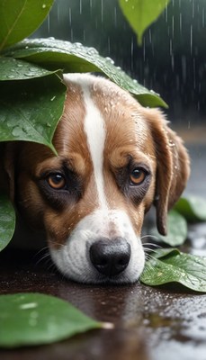 Dog sheltering under leaves during rain