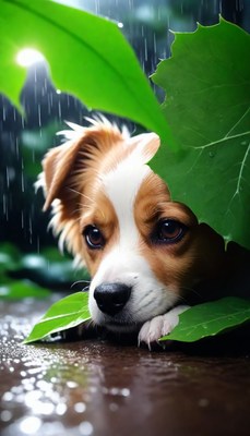 Dog sheltering under leaves in the rain
