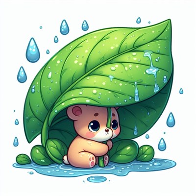 Bear cub sheltering under leaf in the rain