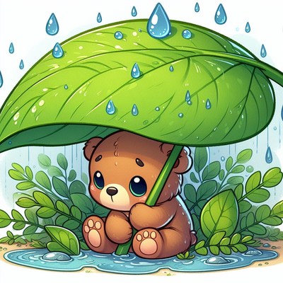 Bear cub under leaf umbrella in rain