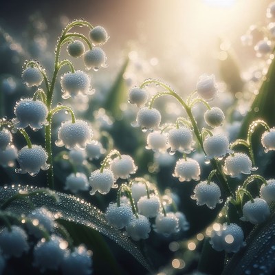 Dew-covered lily of the valley in morning light