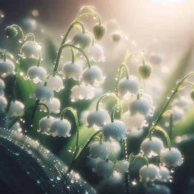 Dewy lily of the valley in morning light