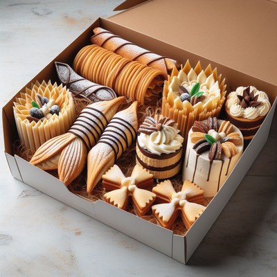 Assortment of pastry and cakes in a box