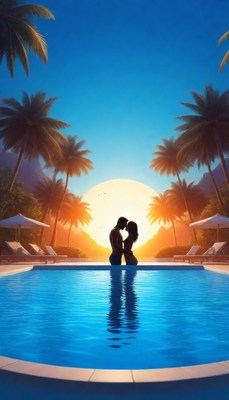 Romantic sunset poolside